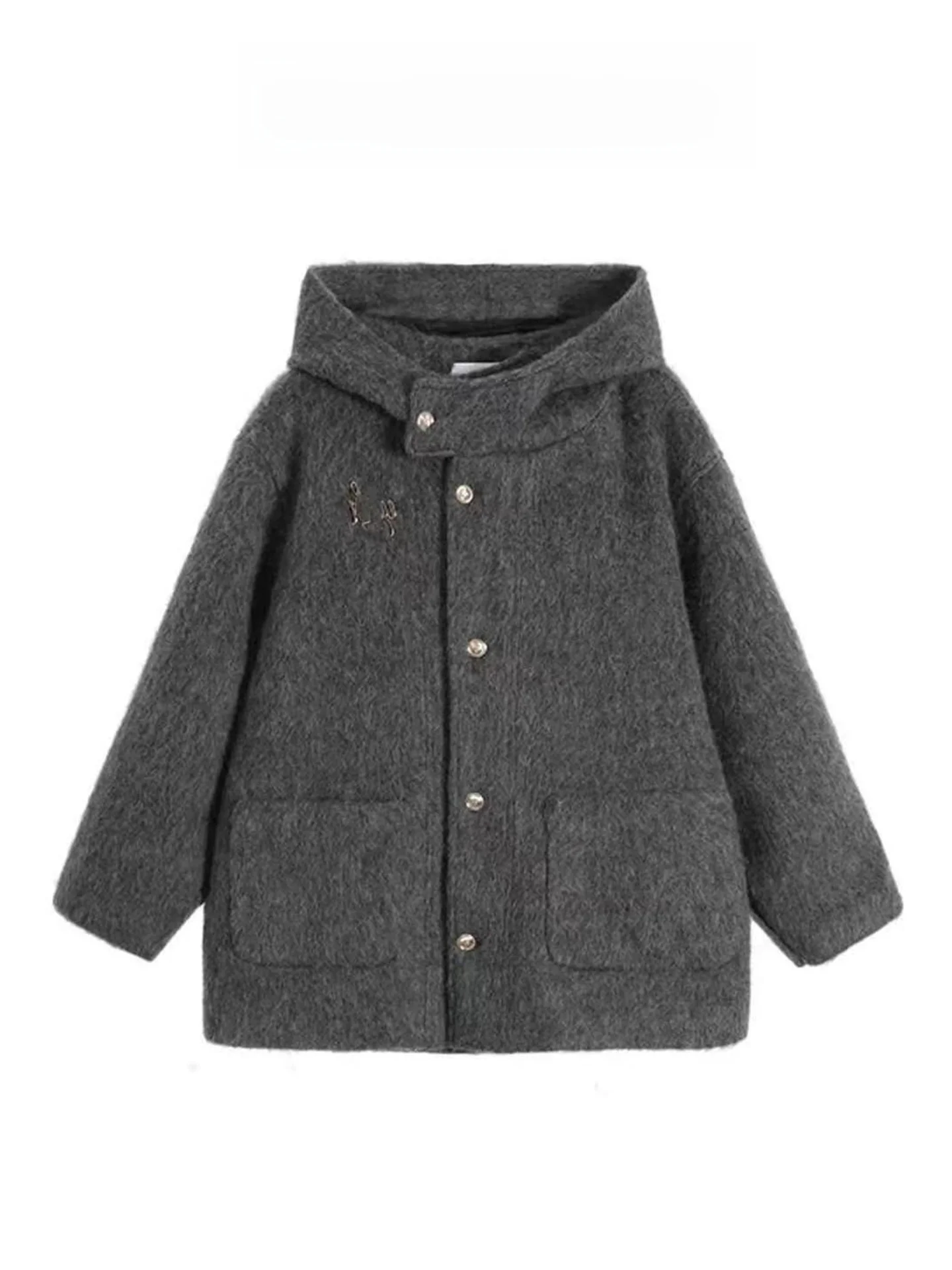 

Ele Hooded Camere Wool Coat Women's Winter Thiened Deep ey Small Size Tweed Jaet down Cotton Clothes