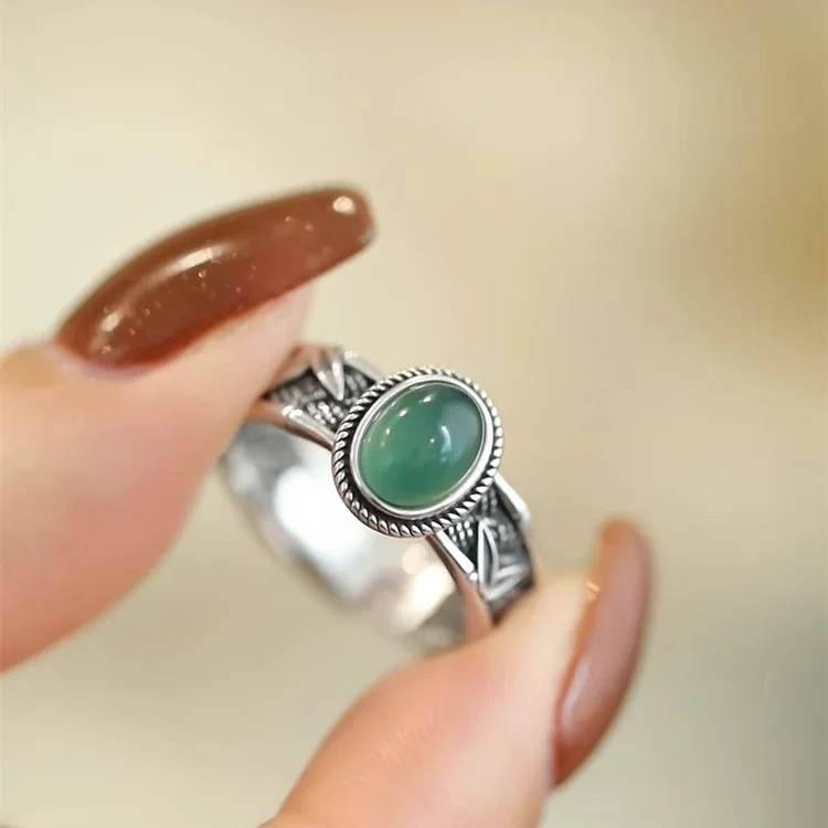 925 Sterling Silver Rings for Women Couple Minimalist Handmade Simple Green stone Ring Fine Jewelry Gift Prevent Allergy