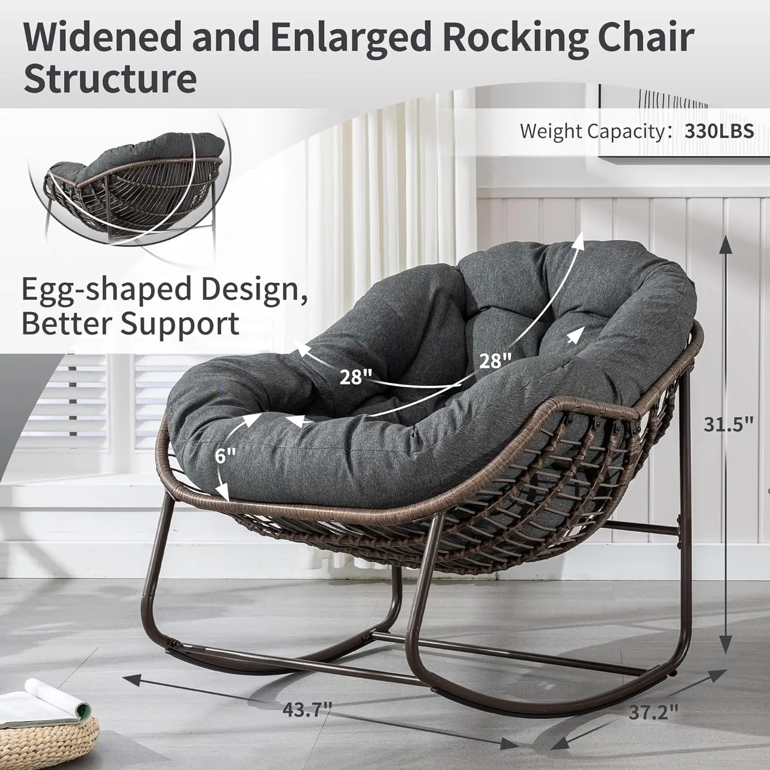 Outdoor Patio Rocking Chairs, Oversized Papasan Rocking Chair Indoor with Padded Cushion - Rocker Egg Chair for Front Porch, Gar