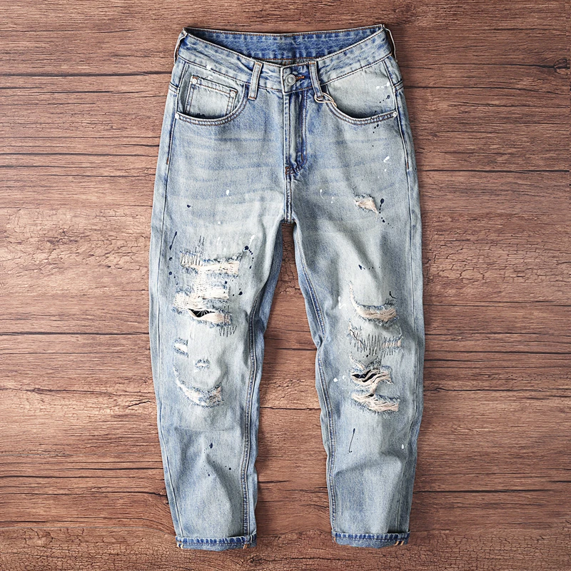 Spring Trendy Brand High-End European American Men's Denim Jeans Ripped Distressed Patched Sprayed Washed Loose Straight Pants