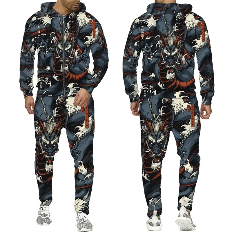 3D Dragon Printed Zip Hoodie + Pants Suit Cool Men/Women 2 Pcs Sportwear Tracksuit Set Autumn and Winter Men's Clothing