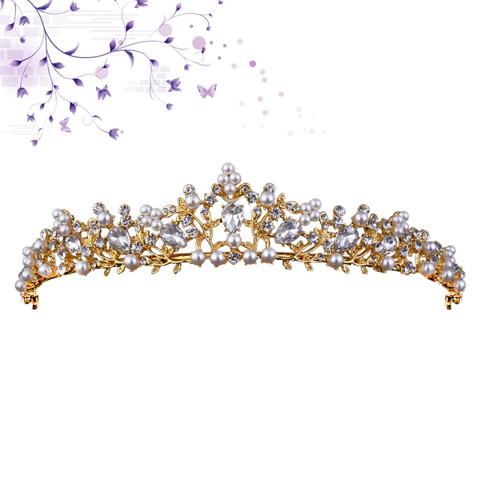 

Delicate Crystal Wedding Bridal Tiaras Hairband Pageant Crown Golden Base White Pearl Rhinestone Elegance Sparkling Headband For