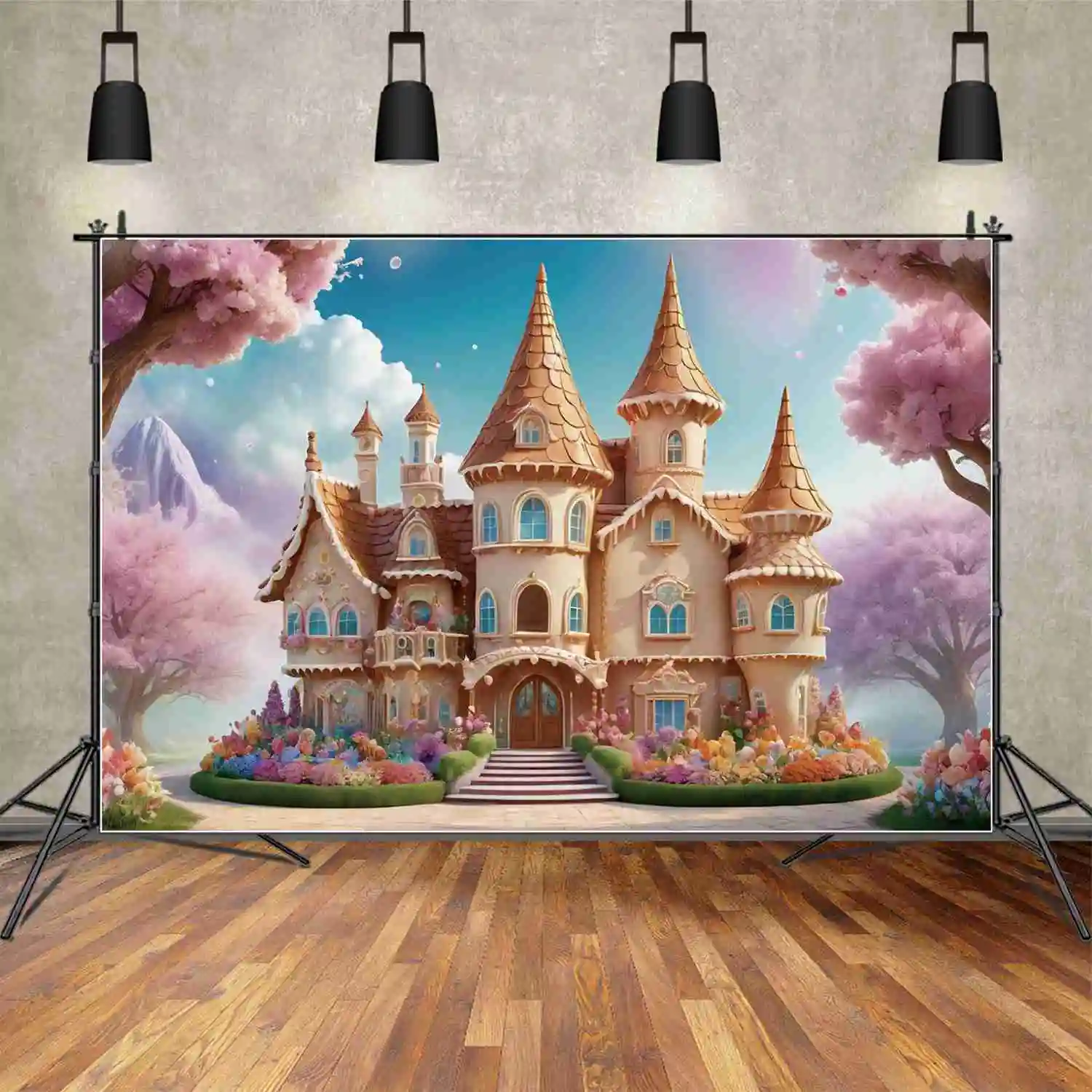 MOON.QG-Fondo de cumpleaños de Castillo de hadas para niñas, Princesa de montaña, Floral, jardín de flores, accesorios de fiesta personalizados
