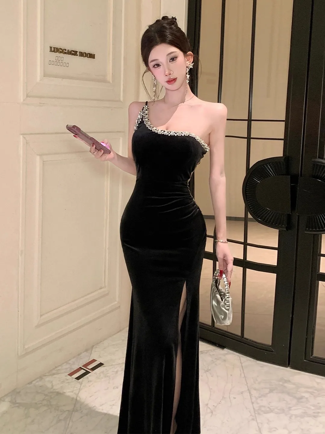 

Вечернее бархатное платье Hebe Sle Sexy с высокой талией, облегающее, с шлейфом, женское, модное, весенний сезон, без бренда