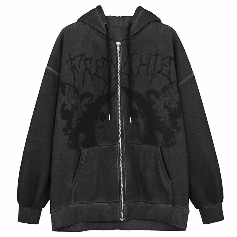 

Women Hip Hop Streetwear Hoodies Women Jacket Angel Dark Print Jacket Coat Goth Harajuku Clothes Punk Jacket Outwear Zipper Tops