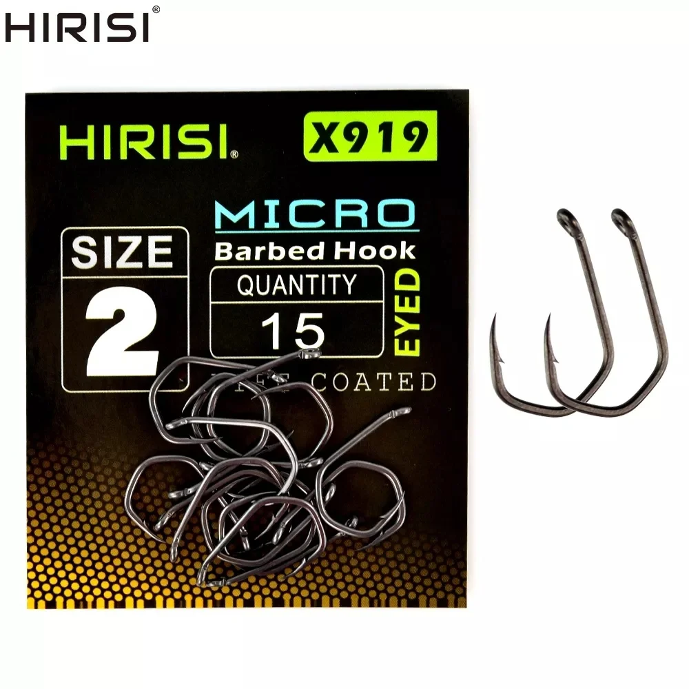 Hirisi 15 pièces PTFE enduit hameçon en acier à haute teneur en carbone Micro barbelé avec oeil carpe crochet de pêche accessoires X919