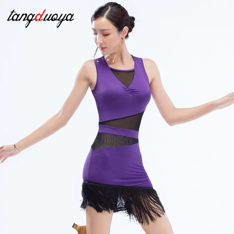 Womens Latin Tango Ballroom Dance Dress Sheer Mesh Patchwork Fringed Performance Costumes Party Club Dress Long sleeve/sleeveles