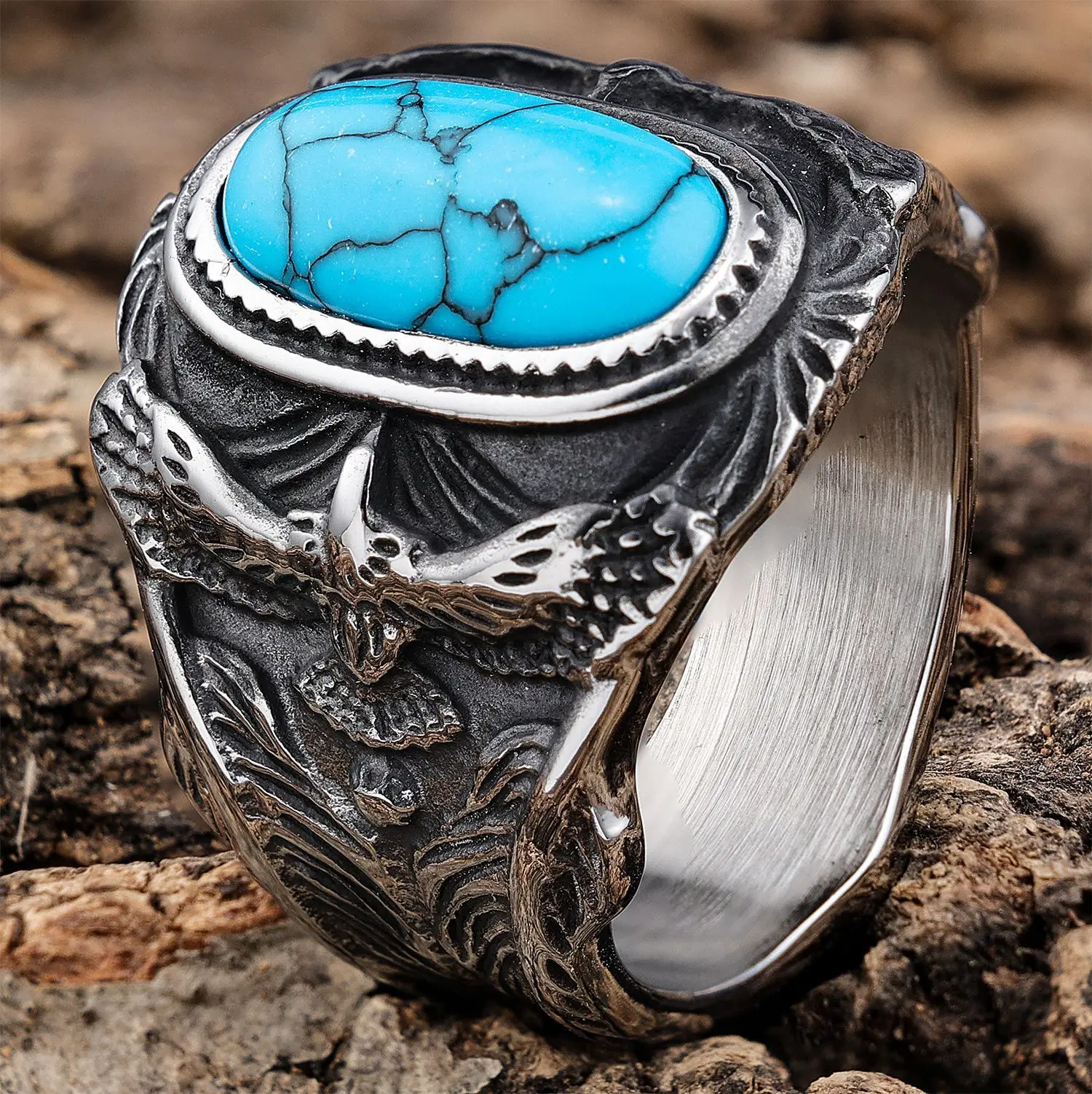 Retro 925 Silver Ring With Personalized Carved Pattern, Turquoise Ring, Eagle Blue Turquoise Men's Ring 2