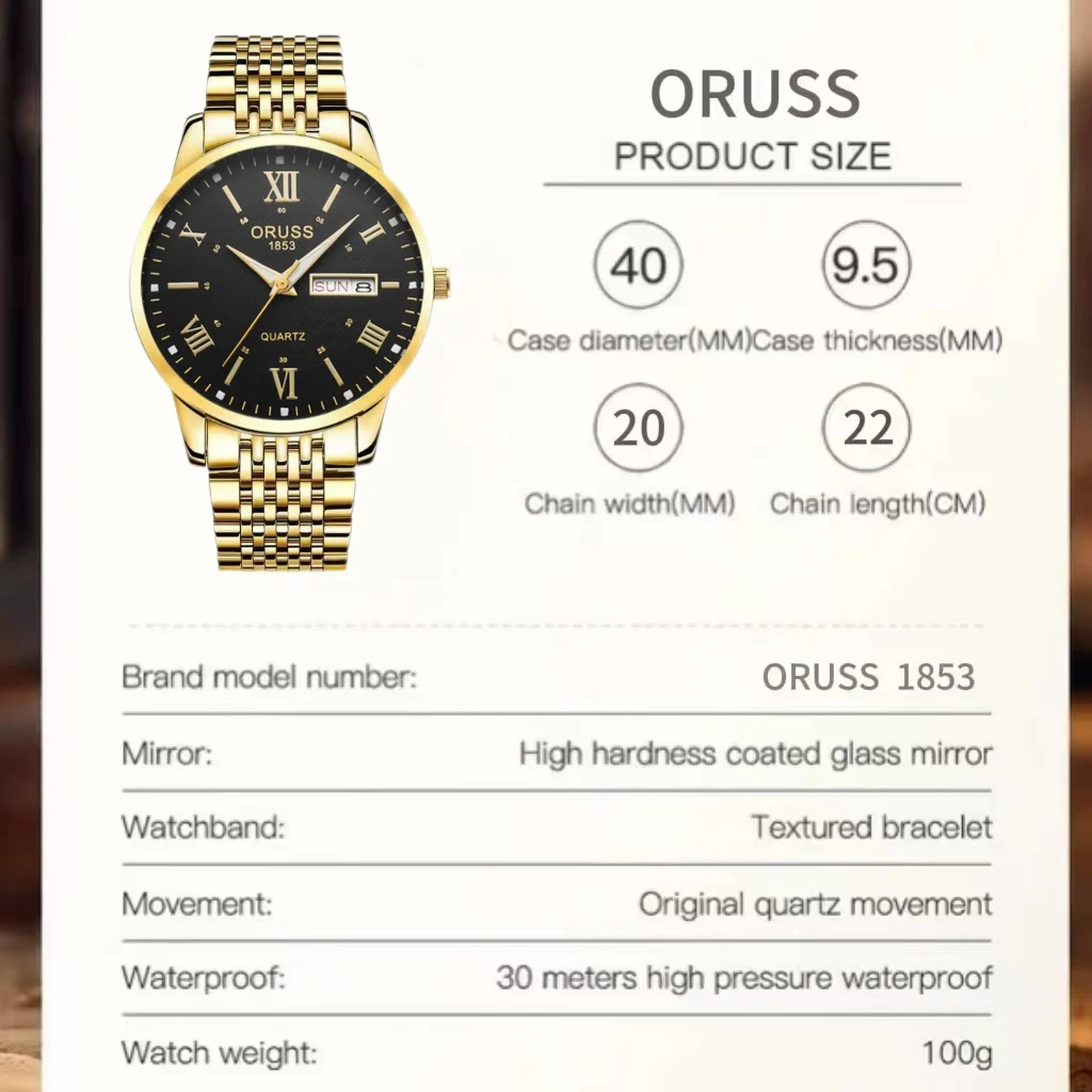 ORUSS оригинальные мужские часы из нержавеющей стали с двойным календарем, водонепроницаемые светящиеся роскошные золотые часы, модные кварцевые мужские наручные часы, лучший бренд