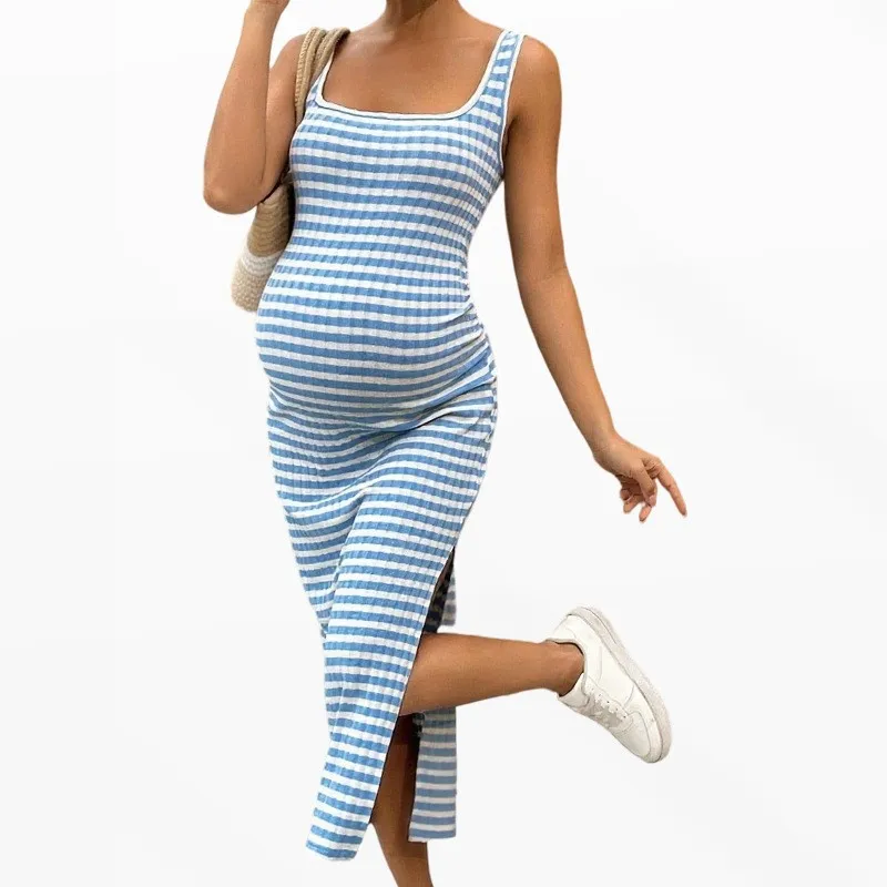 Maternity Clothing Striped Tank Dress Sleeveless Square Neck Bodycon Dress Side Split Summer Casual Pregnant Women Dresses