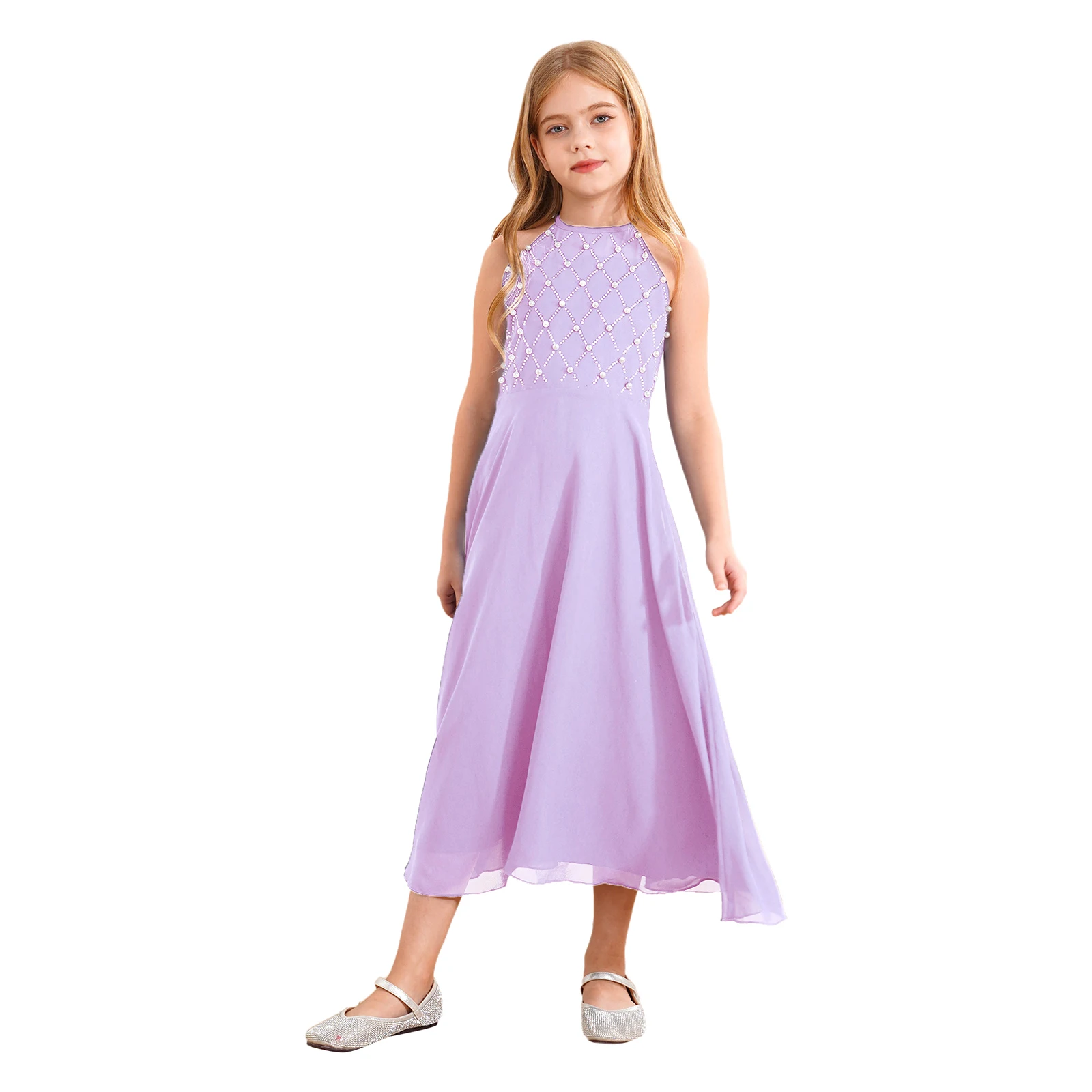 Robe de soirée en fibre de mousseline de soie pour enfants, licou, demoiselle d'honneur, soirée, anniversaire, robe de Rhprincesse élégante, vêtements de demoiselle d'honneur