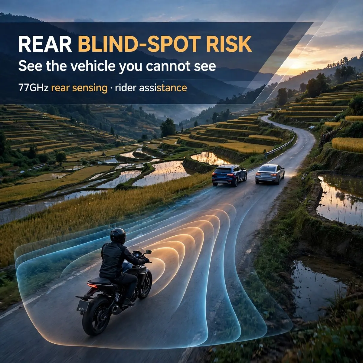 77GHz Motorcycle Blind Spot Monitoring Radar System with Dual LED Warning Indicators – Up to 70m Rear Detection, BSD 8.4m, LCA 5