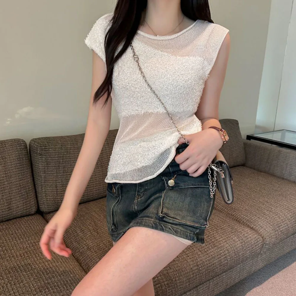 

Fashion Temperament Women Summer Knit Tanks Simple Patchwork Hollow Out Design Thin Sweater Female Ulzzang Slim Short Sleeve Top