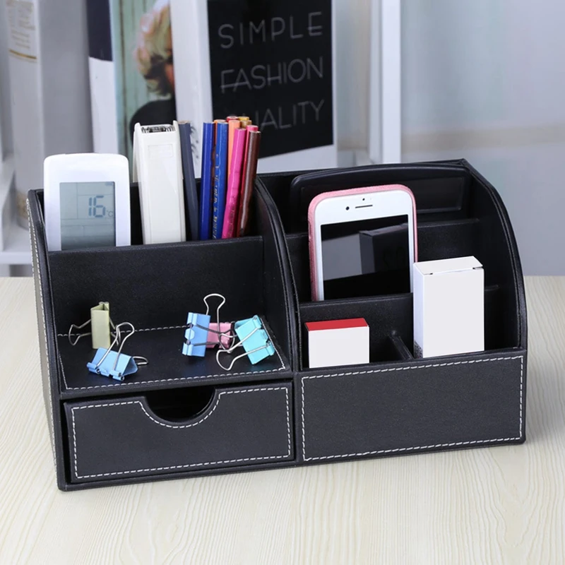 Multifunctional Leather Large Pen Holder Remote Control Cosmetic Storage Box Desktop Stationery Storage Box