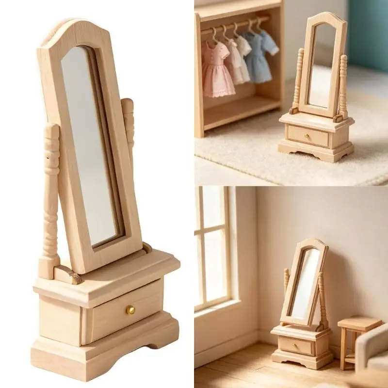 1:12 Standing Mirror, Wooden Mini Room Accent for Bedroom Dressing Display, Freestanding Furniture Detail for Tabletop