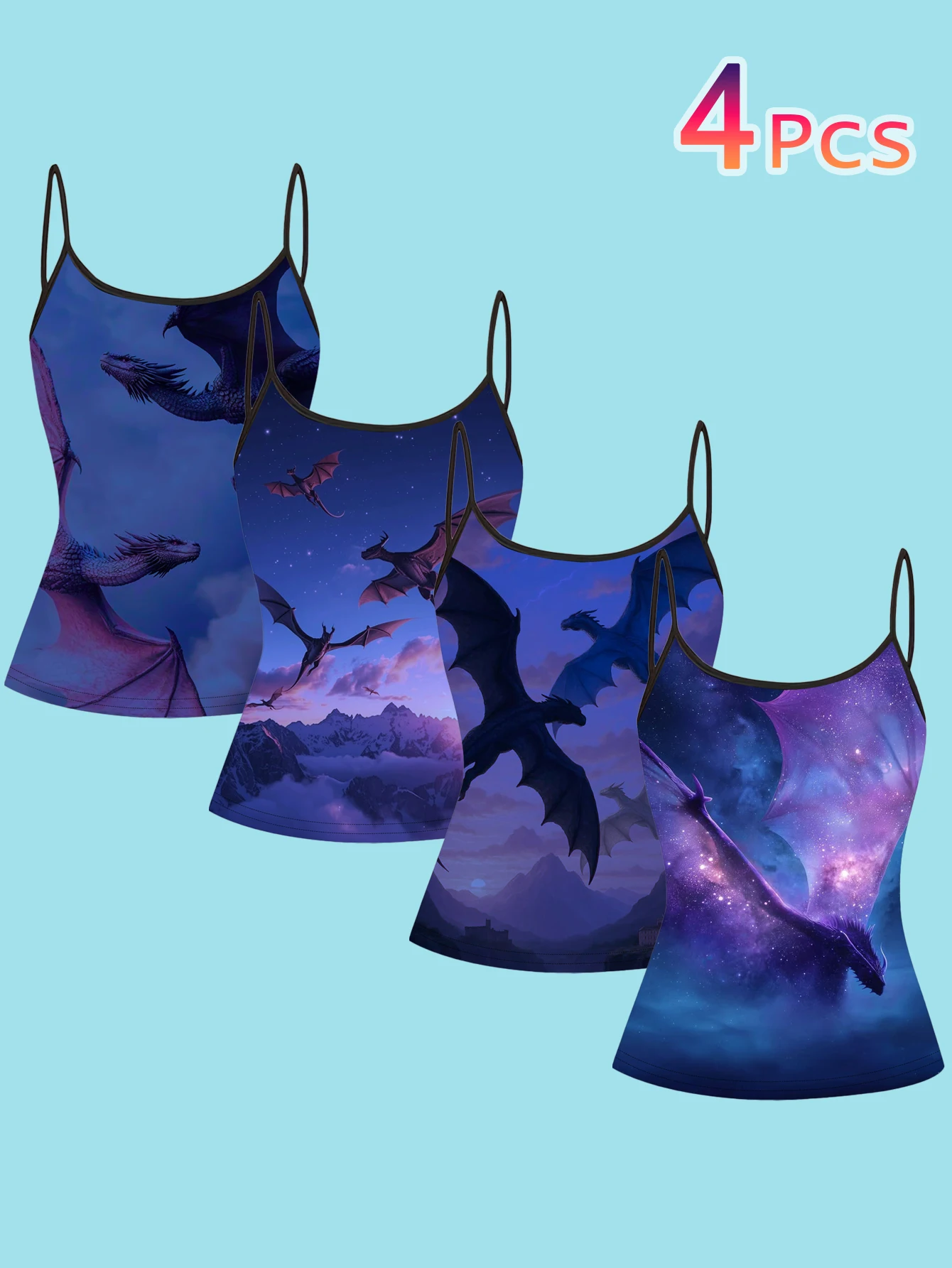 4-Piece Set of Women's Fantasy Dragon and Starry Sky Print Spaghetti Strap Camisole Slim-Fit Base Layer Tops