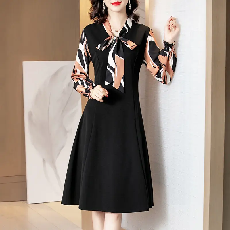 

Женское офисное элегантное платье миди с воротником-шарфом и бантом, весна-осень 2023, женские платья-трапеции в стиле пэчворк с длинным рукав...