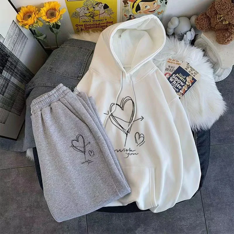 Desenhos animados Love Printed Sports Set para mulheres, capuz casual, roupas de treino, calças esportivas, moda, 2 peças