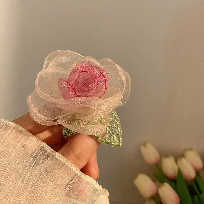 Elegant Pink Rose Hairpin Flower Girl Mori Style Fairy Beauty Head Side Clip Headband Summer Hair Accessories for Women 2023 New