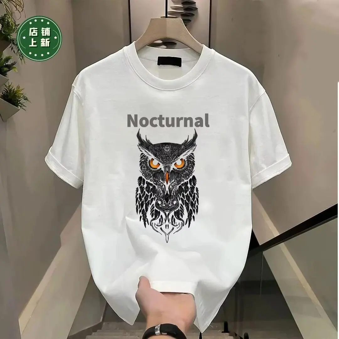 Men's Harajuku Graphic T-shirt Cartoon Owl Print Tees Casual Summer Short Sleeved Hip-hop Tops O-Neck White Shirts Streetwear