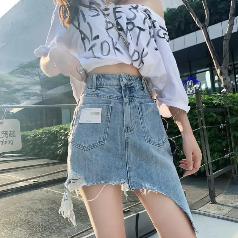 Female Jeans Skirts Women's Denim Skirt with Pocket Midi Zipper Fringe High Waist Harajuku V Korean Fashion Quality A Line Style