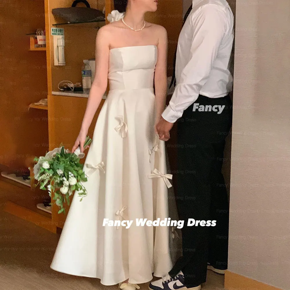 

Fancy Strapless Bow A Line Wedding Dress Korea Photo Shoot Sleeveless Evening Dresses Floor Length Customized