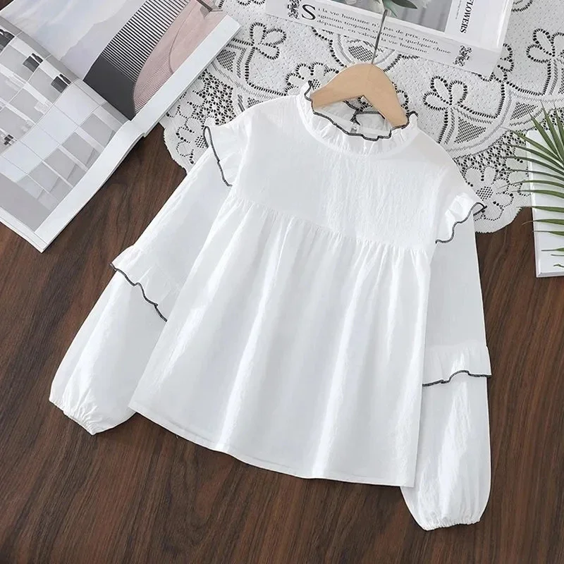 

3-15 Years Girls Long Sleeve Cotton Blouse Ruffle White Pullover Uniform Dress Shirts 6 8 9 10 11 12 13