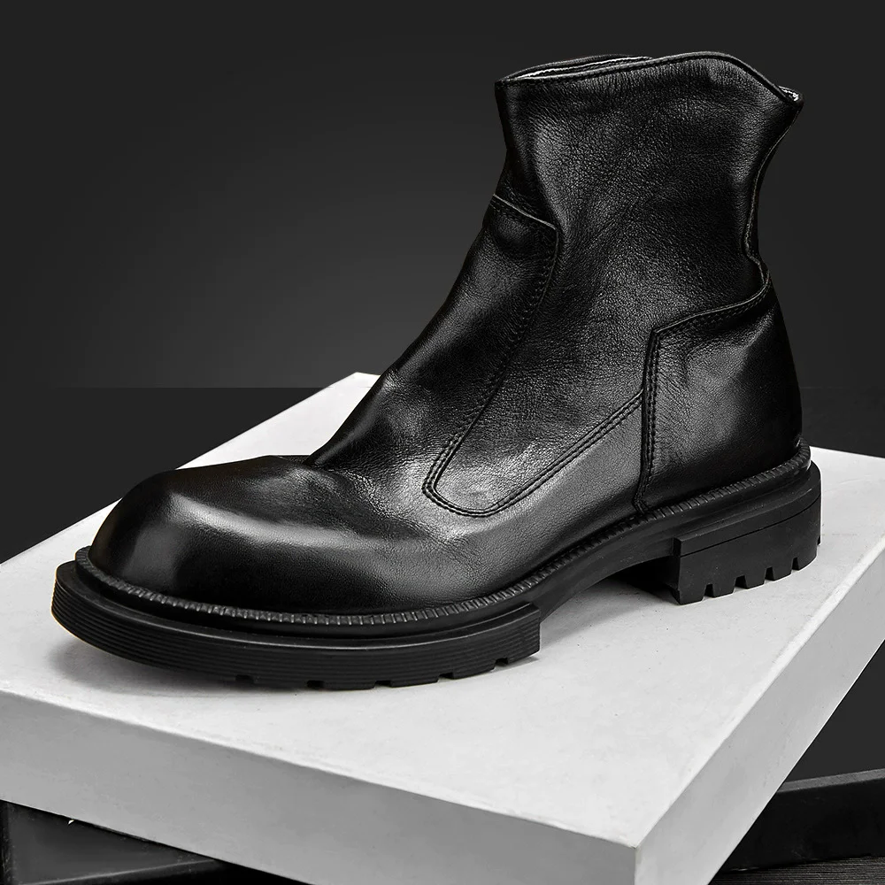 Men Genuine Leather Fashionable High Top Boot Thick Sole Chelsea Boots Trendy Side Zipper Casual Outdoor Ankle Boots