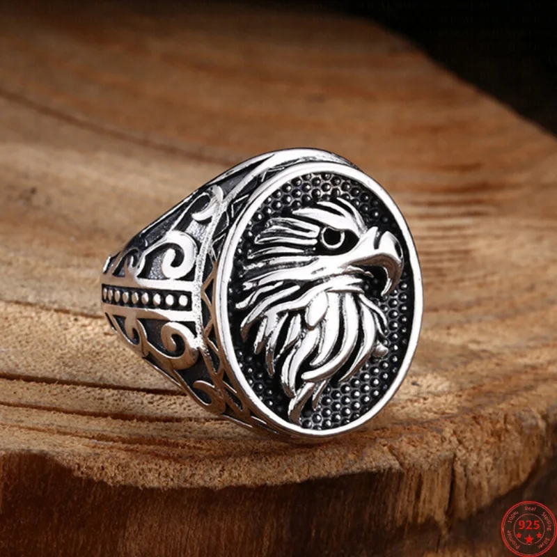 S925 Sterling Silver Charms Rings for Men Women Retro Eternal Rattan Pattern Emboss Eagle Heads New Fashion Punk Jewelry