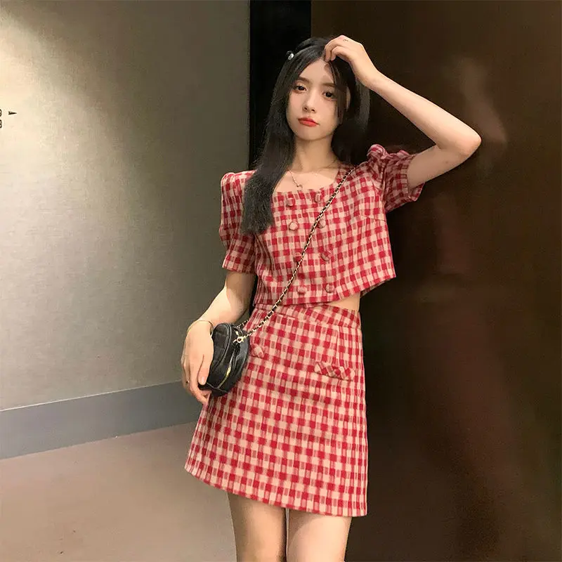 Sweet Girls Y2K Plaid Skirts 2pcs Set Korean Summer Short Sleeve Cropped Tops with A-line Mini Skirt Suits Women Fashion Outfits