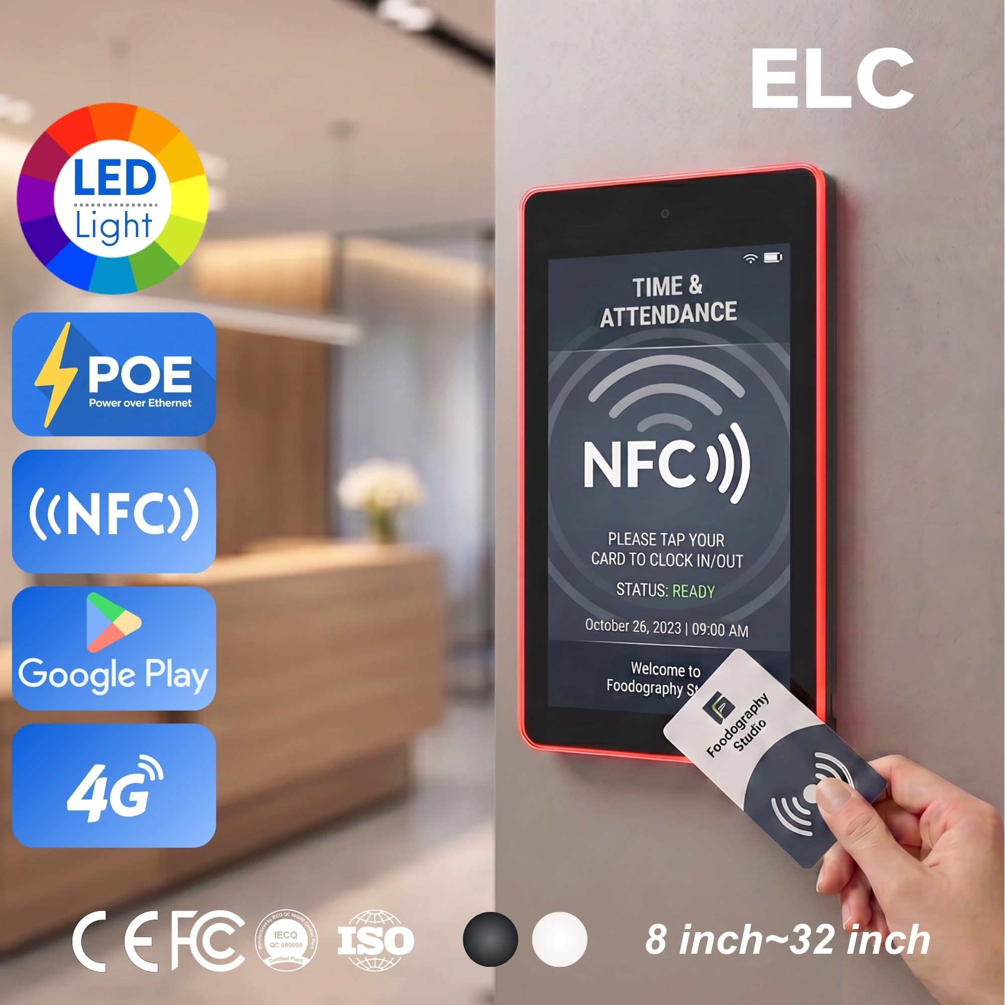 10.1-Inch RK 3568 Po E Android 11 tablet with NFC RFID reader and RGB LED strip for attendance, customizable SDK
