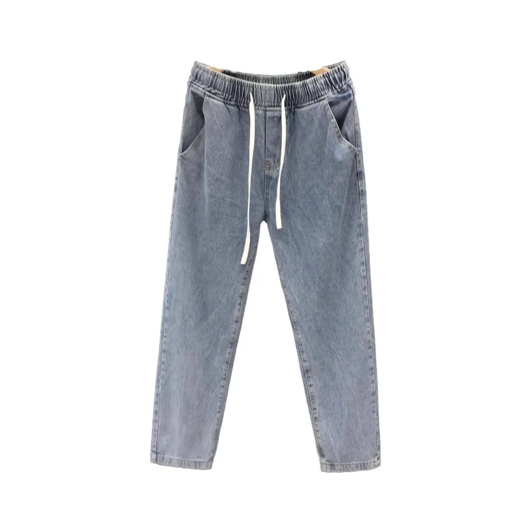 Celana Jeans Pria Pinggang Elastis Model Dstring Musim Panas, Potongan Lurus Longgar Sembilan Perempat, Trendi, Kaki Lebar, Kasual