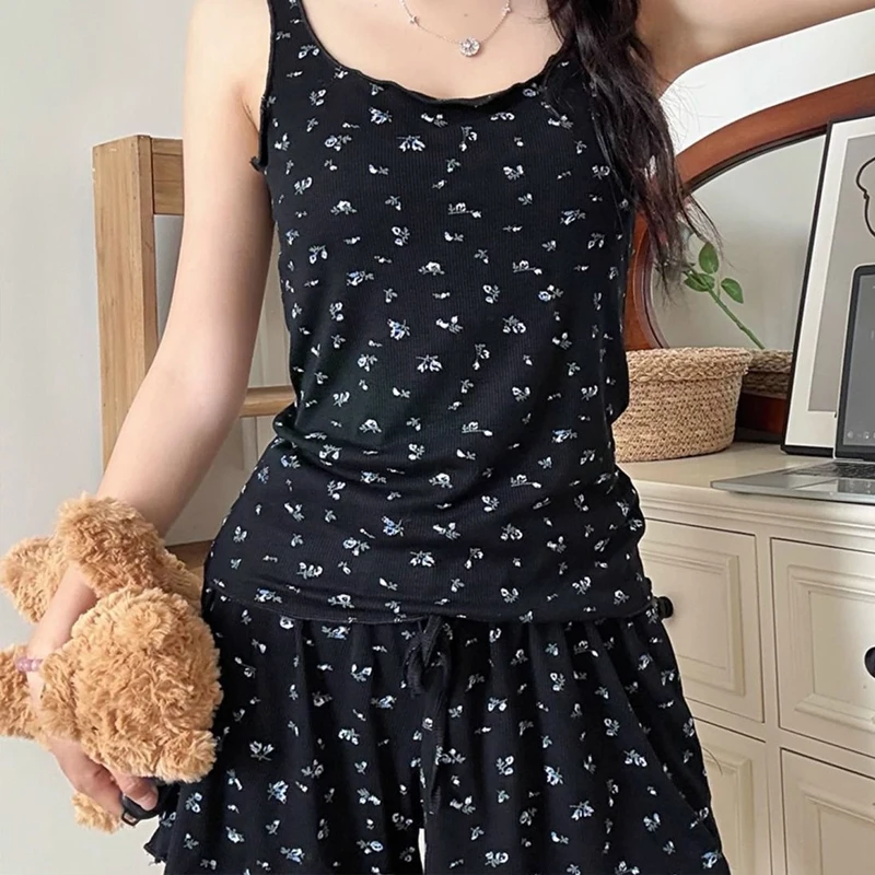 

Sweet Cute Floral Pajamas Black Ladies StrapPlus Size Sleepwear Summer New Gentle Style 2Pcs Top&shorts Home Clothes Nightwear