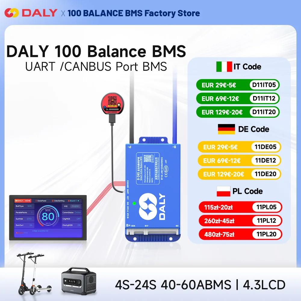 

Daly Smart BMS 100balance для lifepo4 li-ion lto NMC 40A 60A 4s 8s 10s 12s 16s 24s активный баланс Встроенный Bluetooth