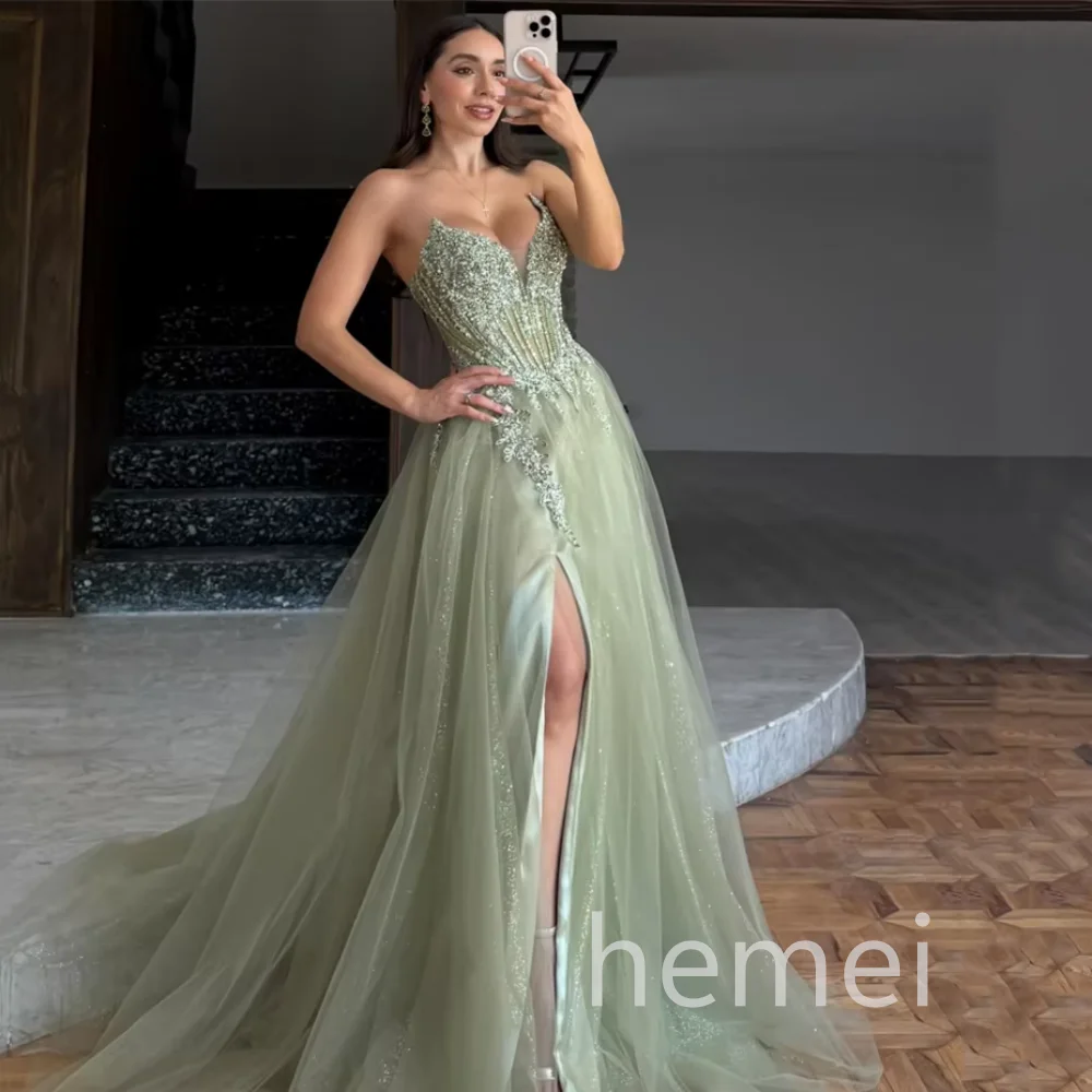 Vestidos De graduación personalizados brillantes De tul, apliques De cristales, vestido De noche dividido, Vestidos De fiesta hasta el suelo, Vestidos De Novia