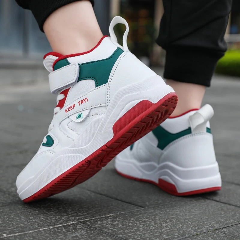 Picture 6: Kids High‑top Sneakers Boys PU Leather Skateboard Shoes Hook & Loop Thick Sole Non‑Slip Children Fashion Sports Casual Footwear