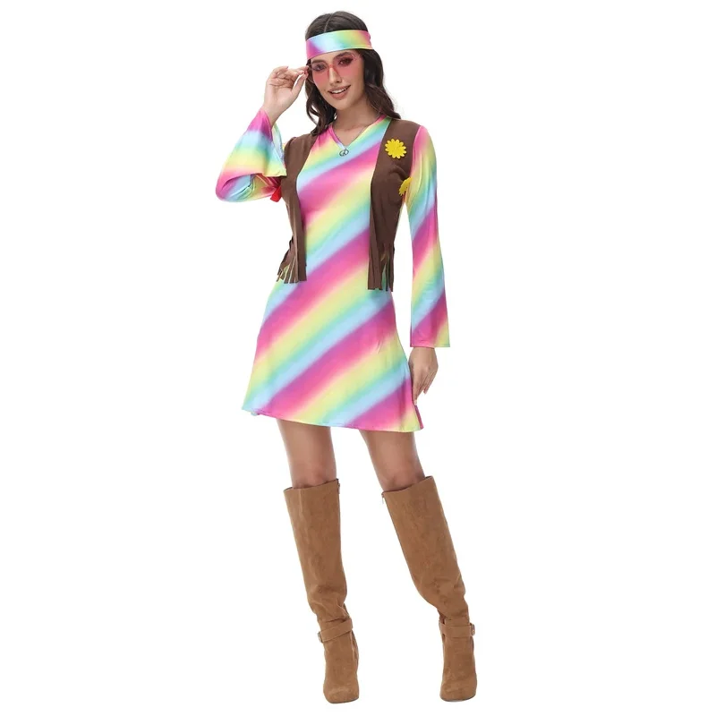 Gaun Cosplay Disko Rock Cinta Perdamaian Retro Eropa Pakaian Panggung Hippie 60S 70S Vintage Pelangi Manis Wanita Seksi Lf[5