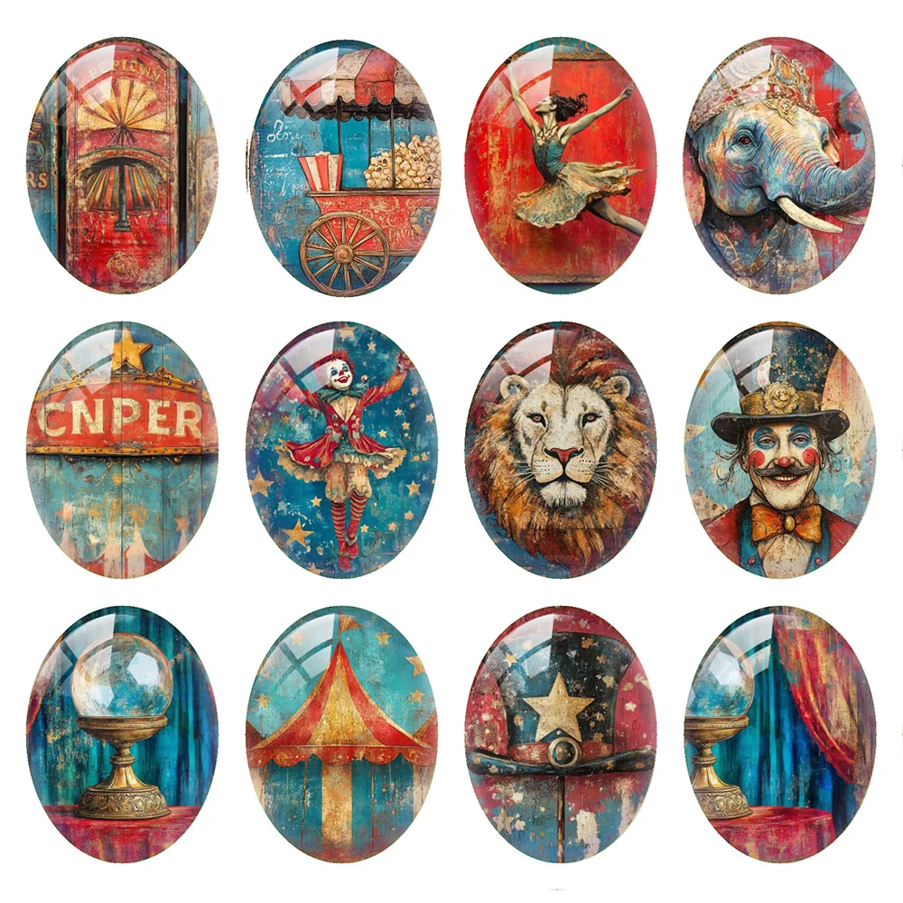 

10pcs/lot Clown Circus Acrobatics Show Elephant Lion Ballet Oval Photo Glass Cabochon Flatback Demo Cameo Diy Jewelry Making