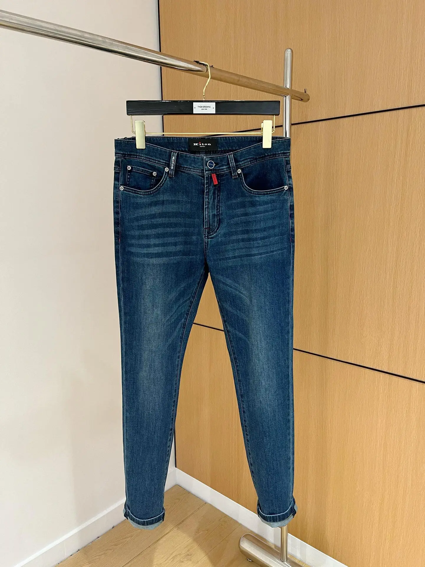 Jeans Kasual Pria Kaki Kecil Ramping Serbaguna Modis Warna Polos Kiton Italia Baru Musim Semi dan Musim Panas 25 25