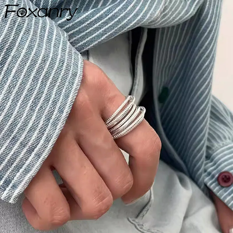 Foxanry Silver Color Multilayer Geometric Ring For Women Couples Creative Fashion Simple Heavy Industry Daily Party Jewelry Gift