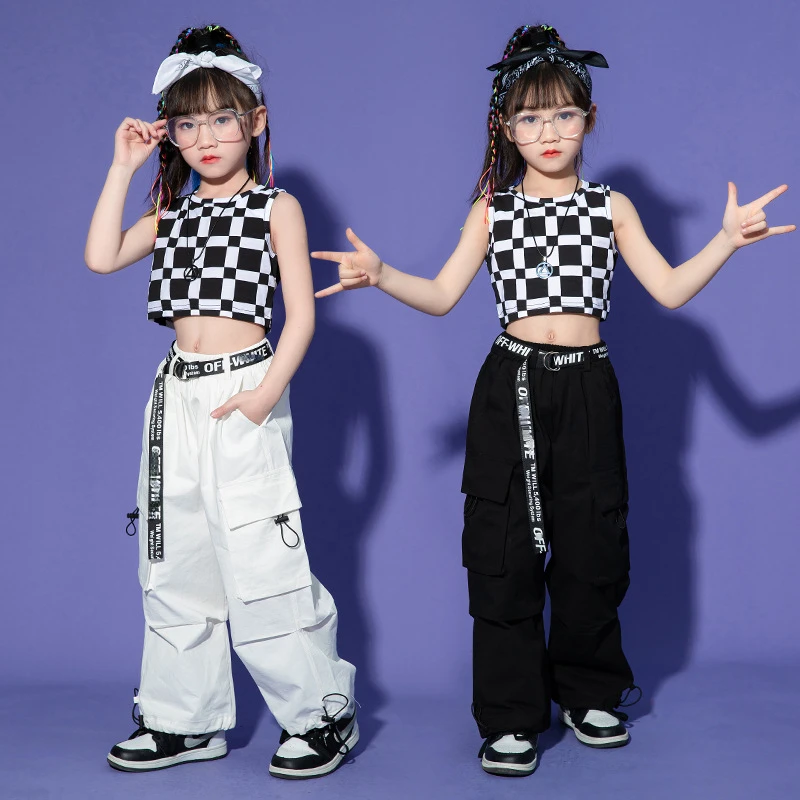 Modern Jazz Dance Clothes for Girls Plaid Vest Baggy Cargo Pants Kids Hip Hop Dance Costume Teen Kpop Performance Outfits Summer