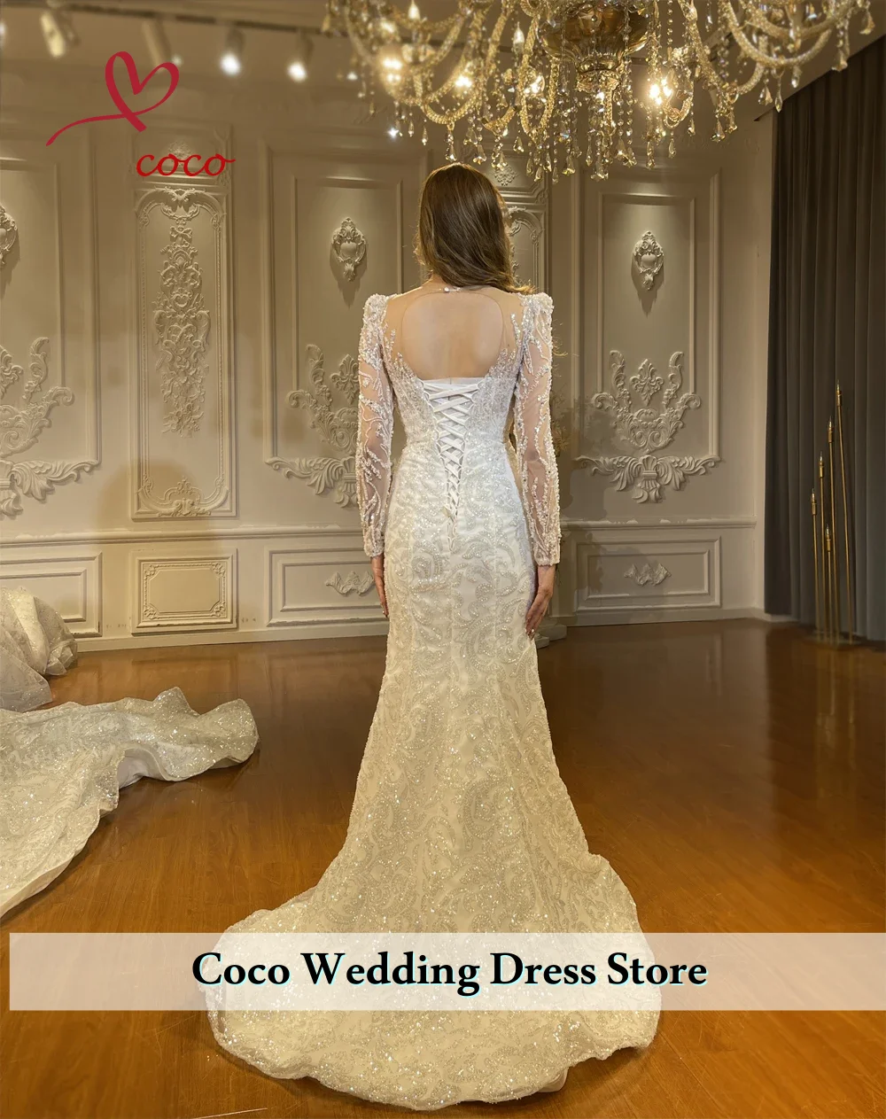 فساتين زفاف الأميرة الرائعة المطرزة باللؤلؤ بأكمام طويلة من الدانتيل اللامع فساتين زفاف فيستدوس دي نوفيا