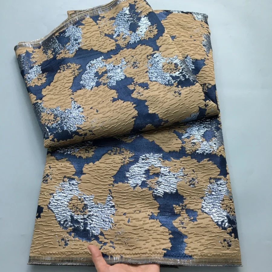 2025 아프리카 레이스 원단 하이 퀄리티, 5 야드 도금 블루 나이지리아 브로케이드 자카드 레이스 원단 파티 원피스, A4188 바느질