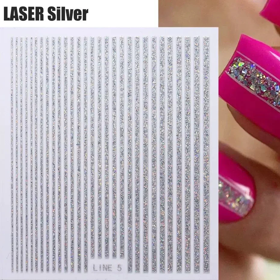 1Bag Laser Silver Stripes Nail Art Stickers Glitter Nail Decals for Home Wedding Daily Use *&