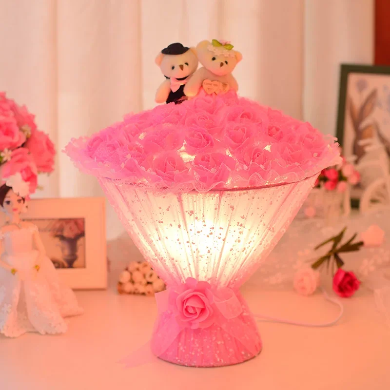 

Warm Creative Bouquet Led Desk Lamp Bedroom Girl Heart Children Room Romantic Bed Pink Table Top Decorative Lamp Gift Packaging