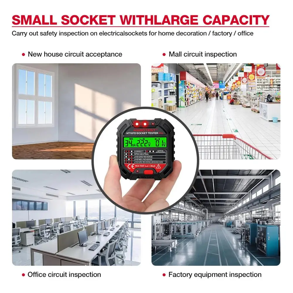 HABOTEST HT107 Pro Steckdose Tester Spannung Test Steckdose Detektor EU Stecker Boden Null Linie Stecker Polarität Phase Check – Detail 12