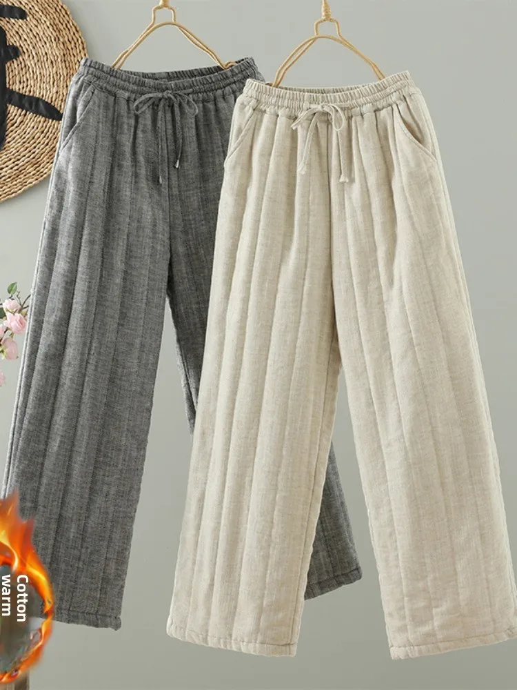 

High Waist Cotton Pants Vertical id Quilted Linen Mixed Thiened Mid-Length Slimming Home Wear Ladies Casual Trousers