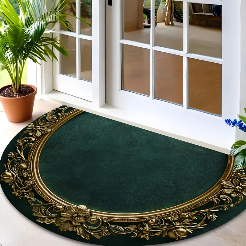 VIKAMA Luxury European Semi Circle Doormat Green Gold Floral Frame Non Slip Entrance Mat For Front Door Home Decor
