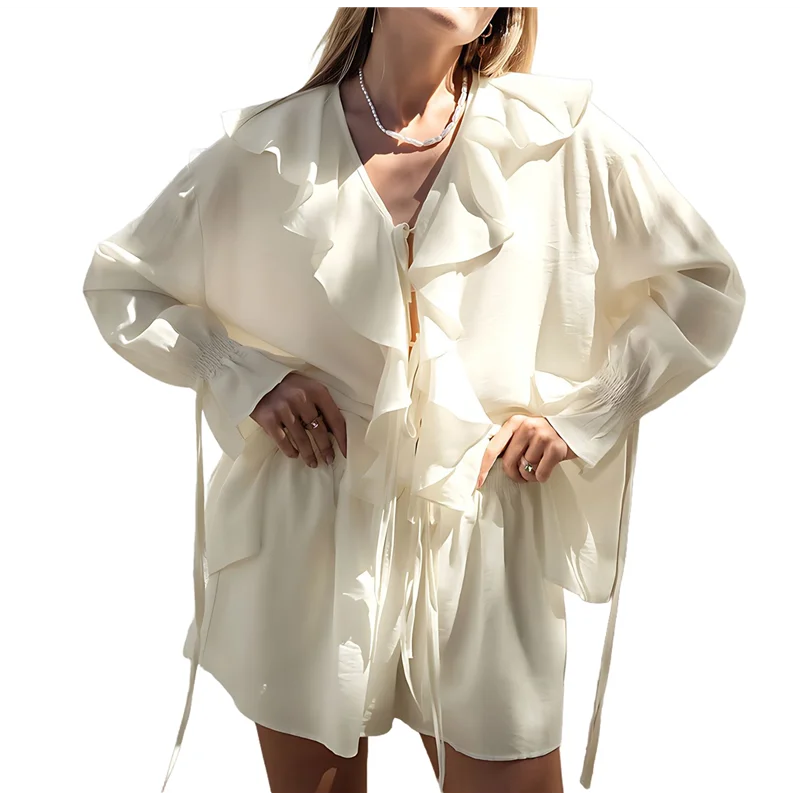 

Women's French V-Neck Loose Ruffled Shirt And Shorts Suit Two-Piece Suit-A55G