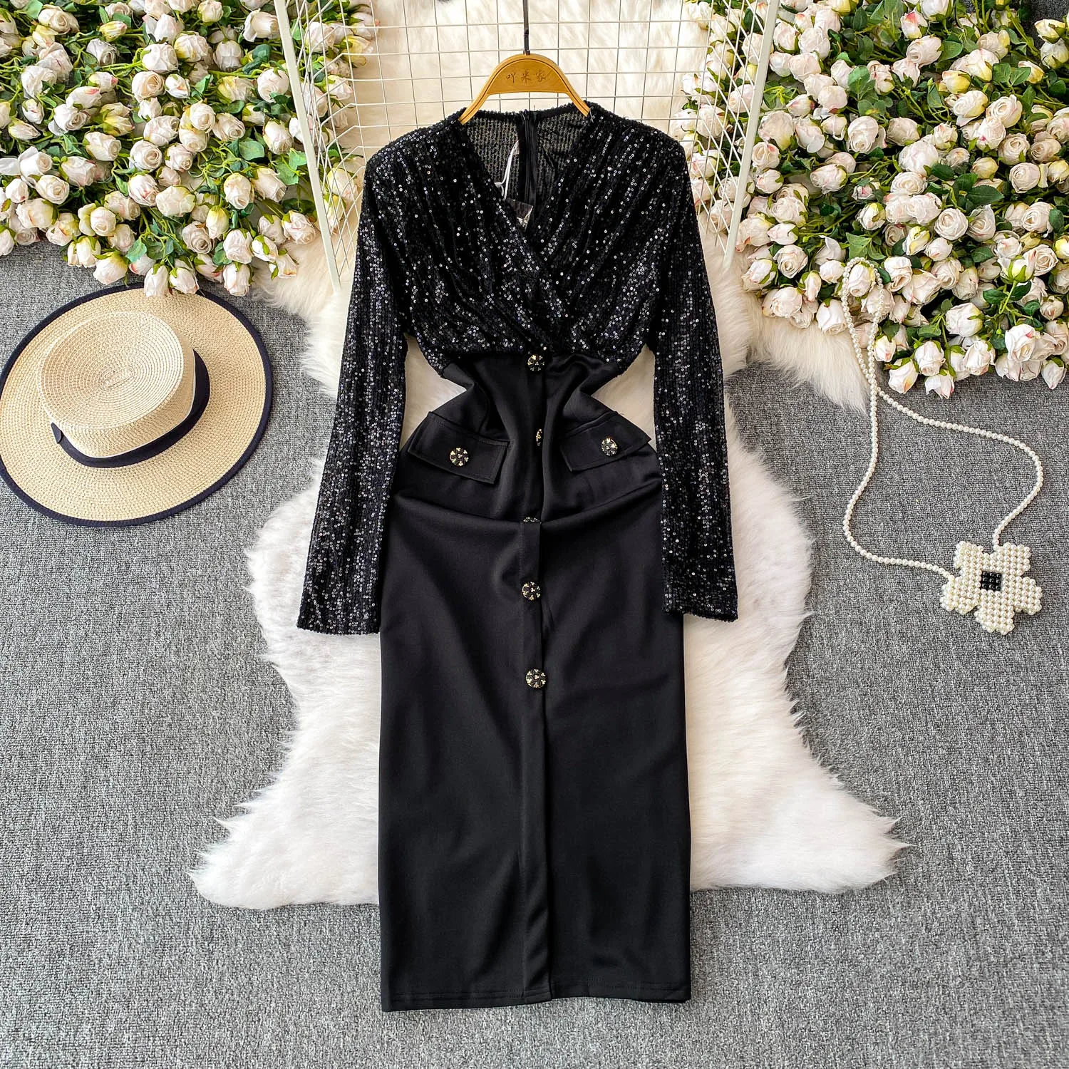 Chic vintage sexy V-neck sequin button long sleeve slim Elegant Fairy korean fashion Boho Sundress women clothing